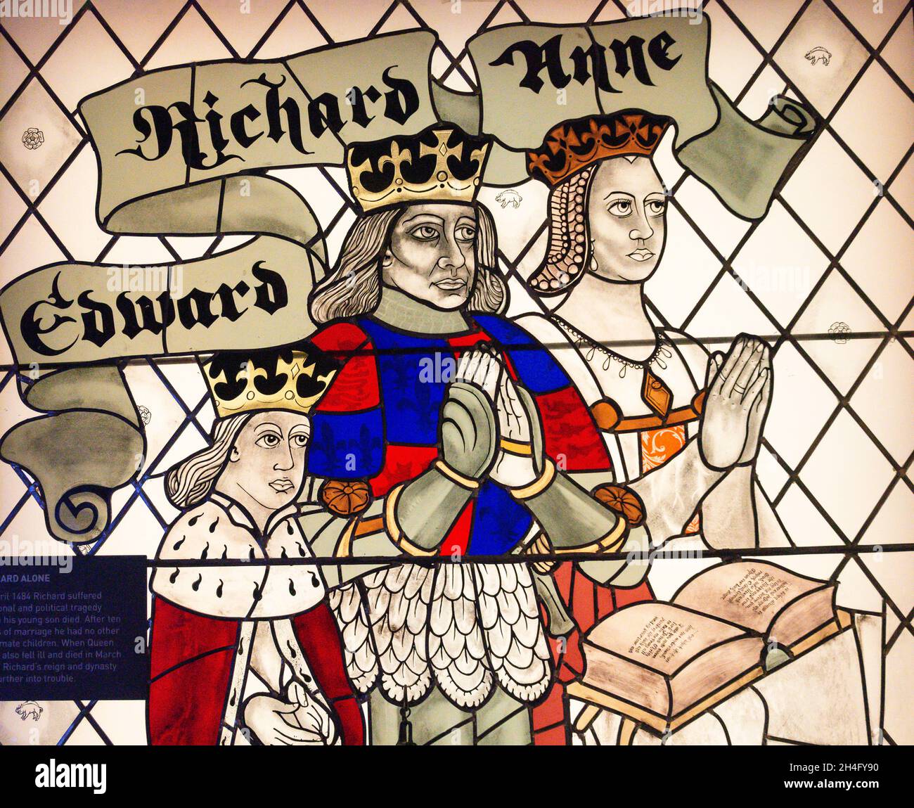 Stained-glass window at King Richard III Visitor Centre, St Martins, City of Leicester, Leicestershire, England, United Kingdom Stock Photo