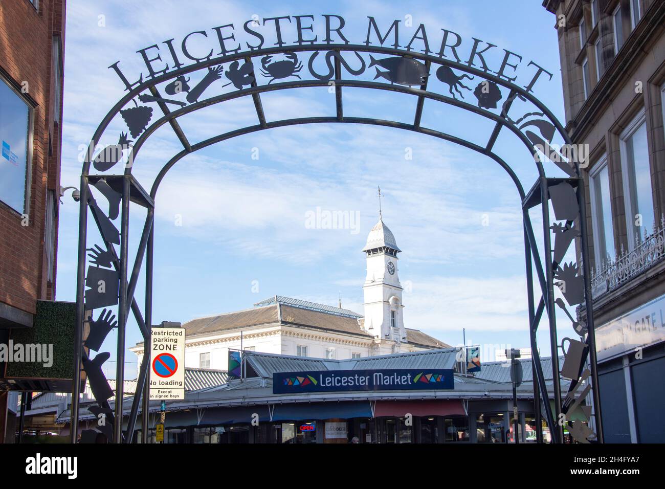 Sign at entrance to Leicester Market, Market Square, City Centre, City of Leicester, Leicestershire, England, United Kingdom Stock Photo