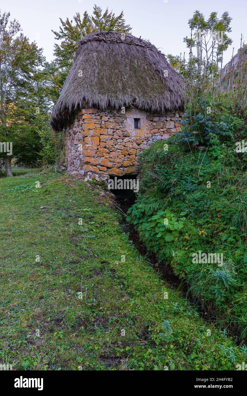 Traditional mill with a broom roof, Teito, in the town of Valle de Lago in the council of Somiedo, in Asturias.  Stock Photo