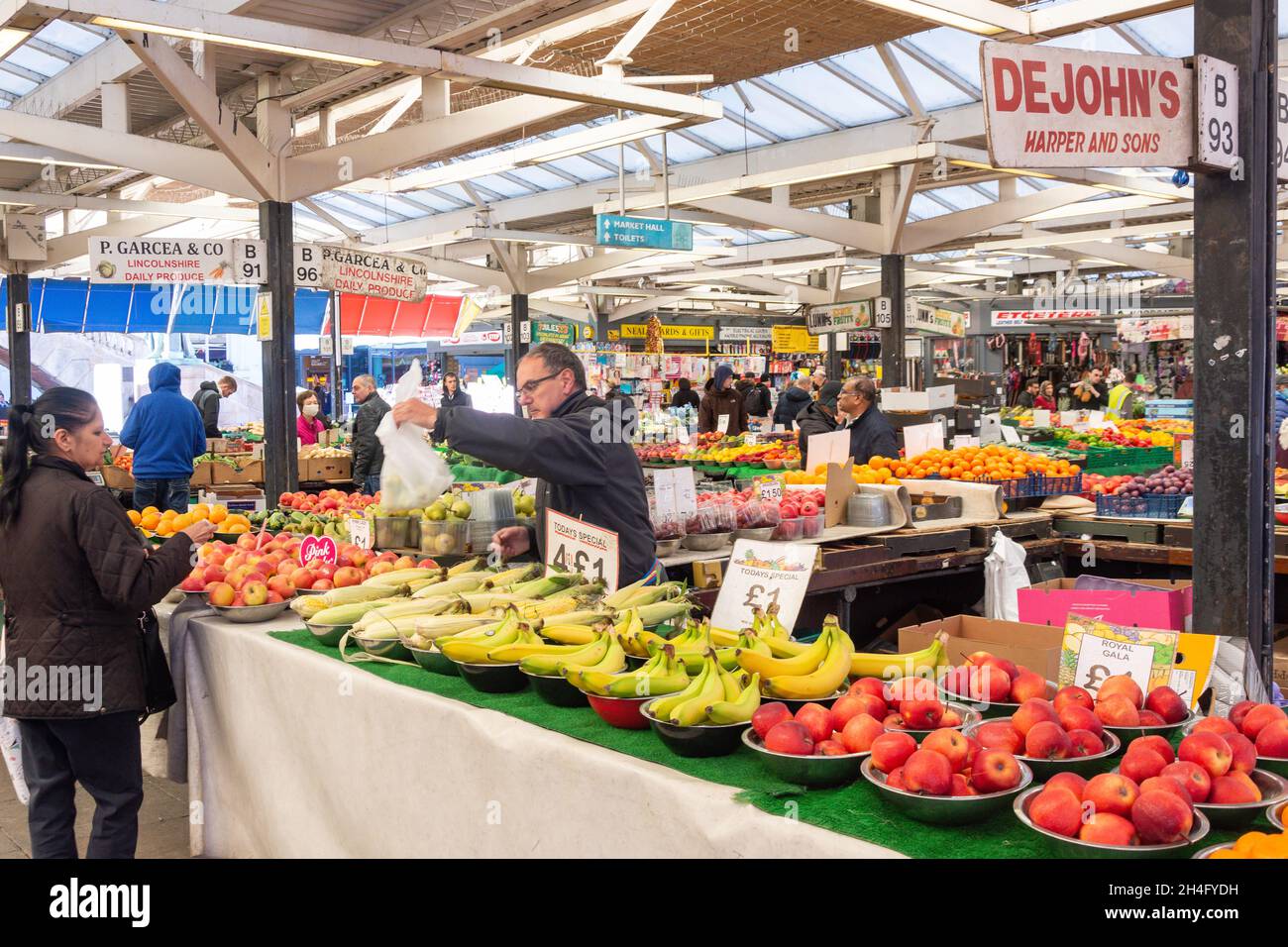 Fruit and vegetable stall in Leicester Market, Market Square, City