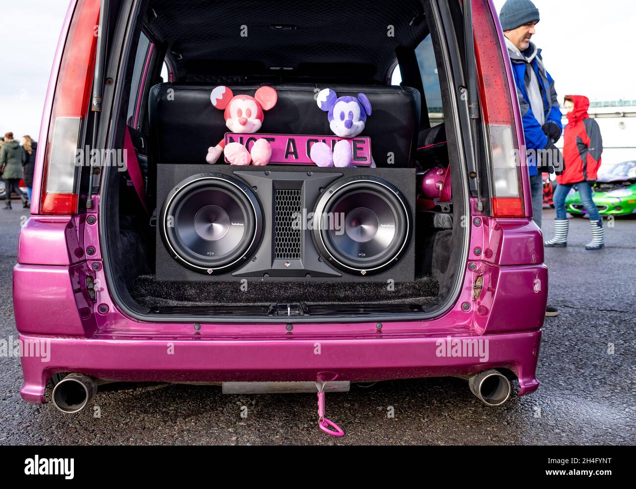 Large speakers and subwoofers in the boot or trunk of a customised car on  show at the Flame & Thunder event held at Santa Pod raceway, October 2021  Stock Photo - Alamy