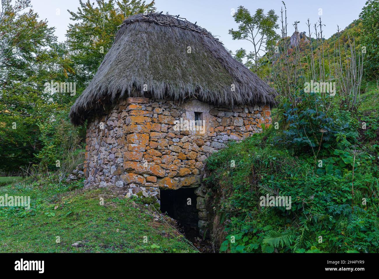 Traditional mill with a broom roof, Teito, in the town of Valle de Lago in the council of Somiedo, in Asturias.  Stock Photo
