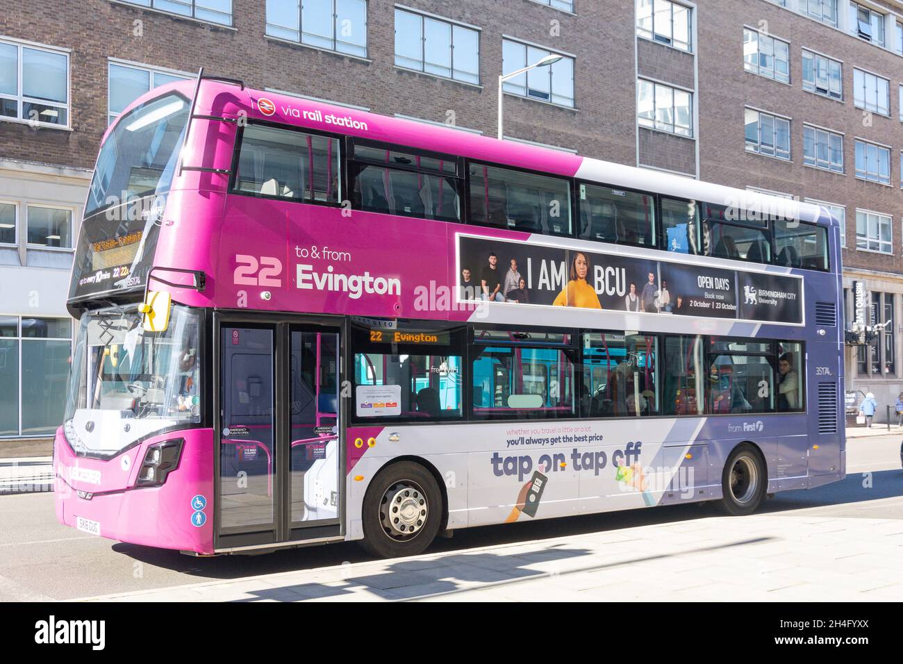 First Bus double-decker bus to Evington, Rutland Street, Cultural Quarter, City of Leicester, Leicestershire, England, United Kingdom Stock Photo