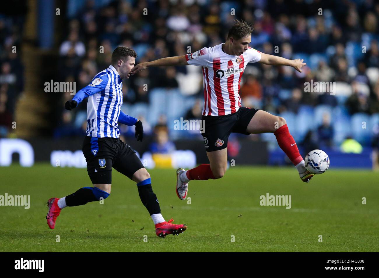 Sheffield, England, 2nd November 2021.  Florian Kamberi of Sheffield Wednesday (l) and Callum Doyle of Sunderland battle for the ball during the Sky Bet League 1 match at Hillsborough, Sheffield. Picture credit should read: Isaac Parkin / Sportimage Credit: Sportimage/Alamy Live News Stock Photo