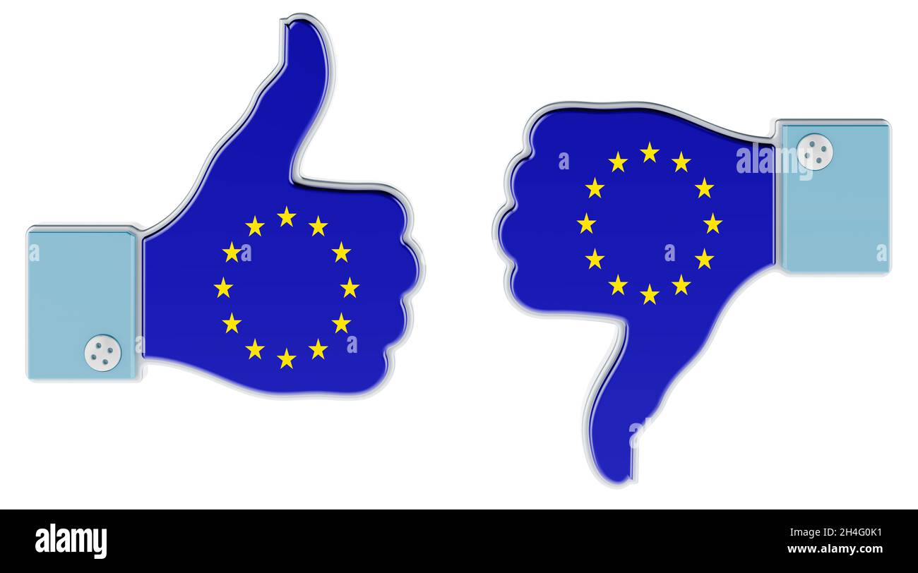 The EU flag painted on the hand with thumb up and thumb down. Like and ...