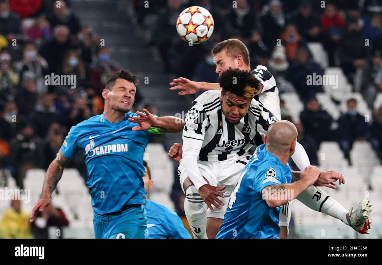Turin, Italy. 2nd Nov, 2021. FC Zenit St Petersburg's Dejan Lovren (L),  Danil Krugovoi (R) and Juventus FC's Weston McKennie (C) in action in their  2021/22 UEFA Champions League Group H football