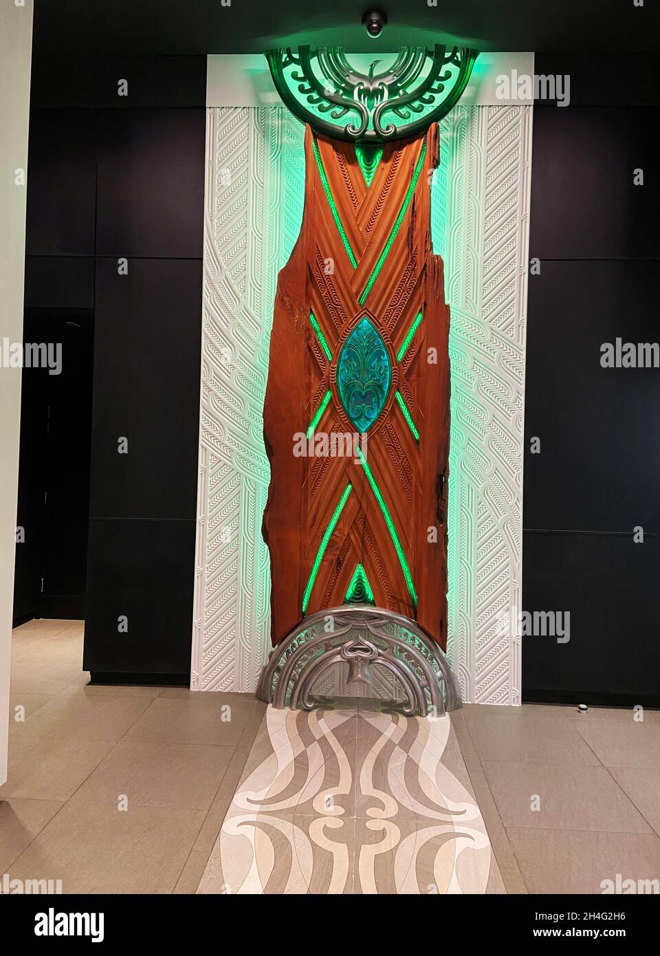 An art installation of Maori forest god Tane Mahuta is seen on display at the lobby of New Zealand's Central Bank building in Wellington, New Zealand September 22, 2021. Picture taken September 22, 2021. REUTERS/Praveen Menon Stock Photo