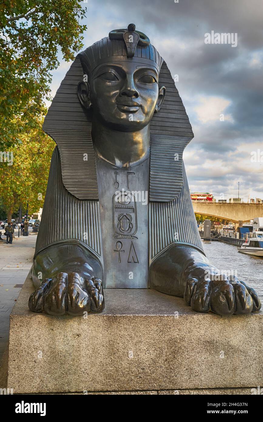 Statue of Sphinx cleopatra;s needle london Stock Photo