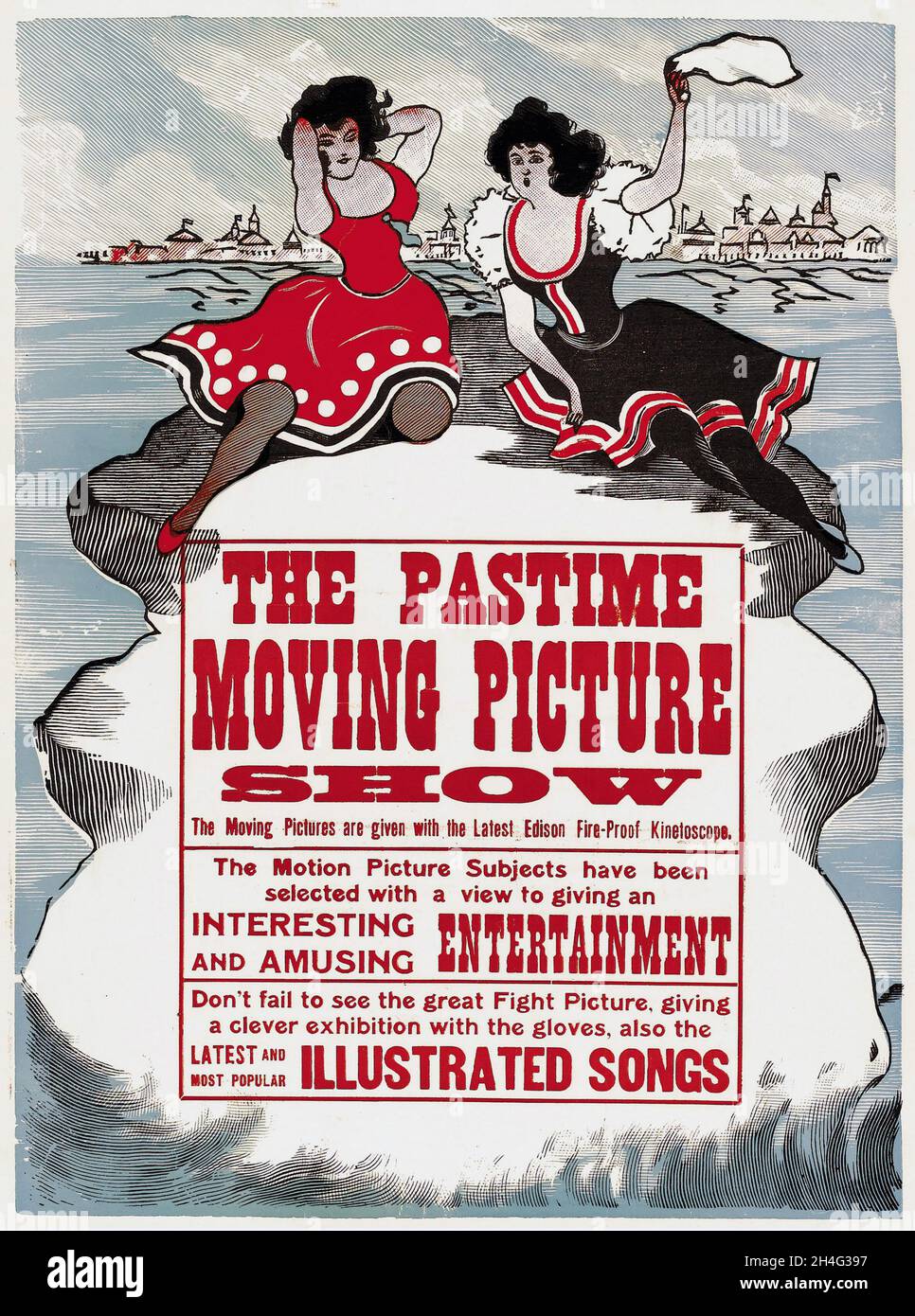 Edison Poster (ca. 1900). The Pastime Moving Picture Show - Entertainment - Illustrated songs. Stock Photo