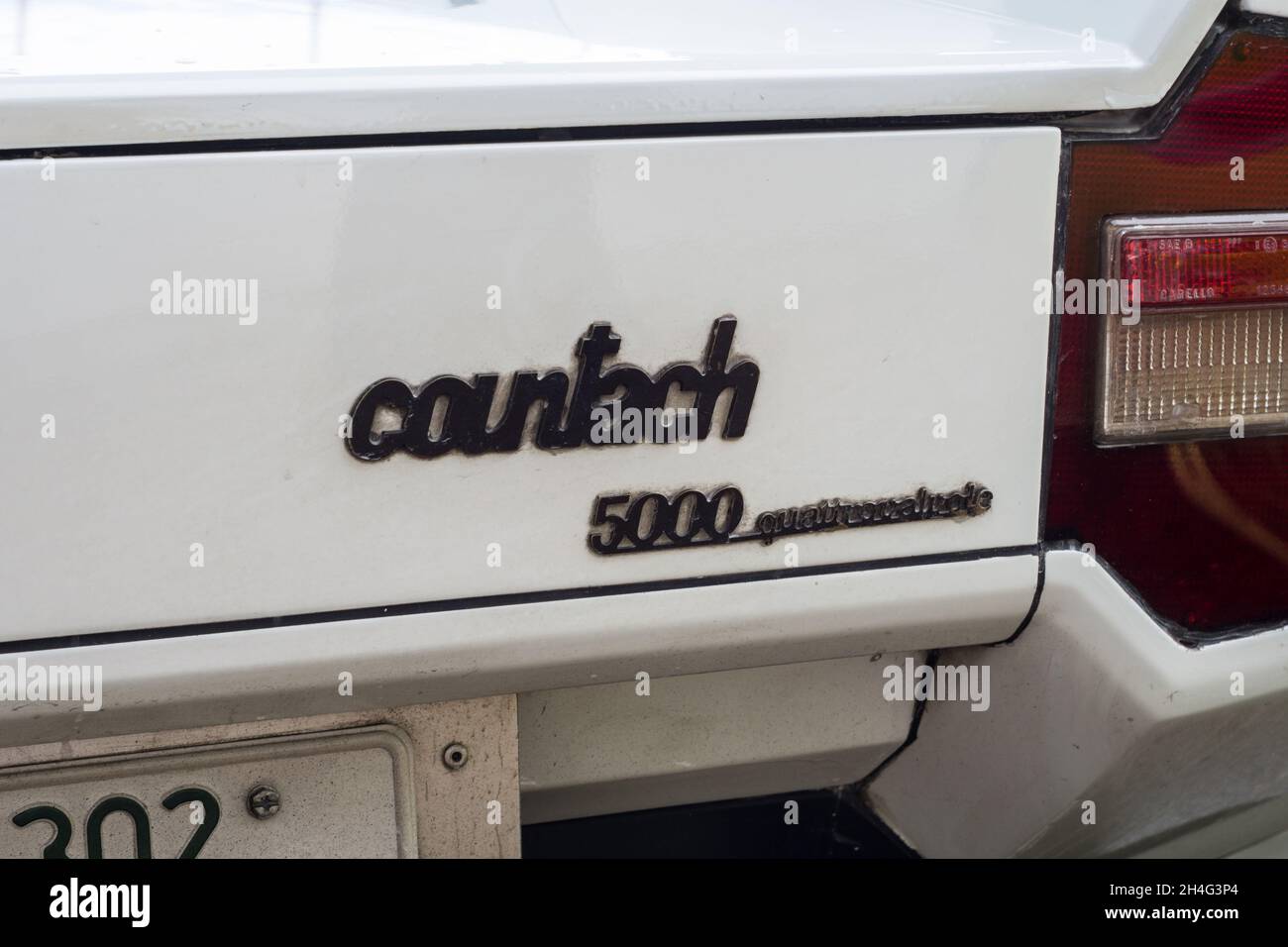 Close up detail of the logo emblem badge on the rear of a white