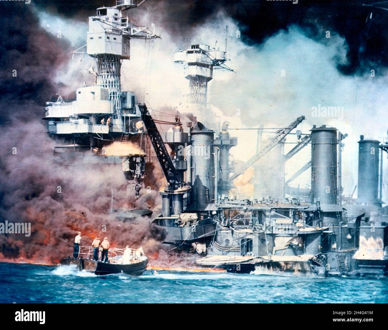 Photograph of Pearl Harbor during the Japanese Attack Stock Photo
