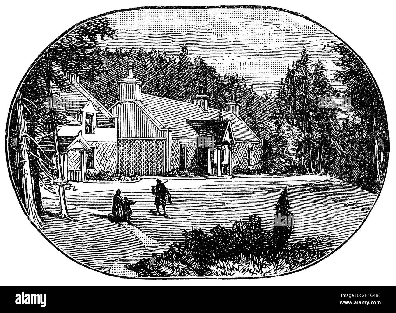 1887 vintage engraving of the Allt-Na-Giubhsaich hunting lodge on the Balmoral Estate at Loch Muick in Glen Muick, Aberdeenshire, Scotland. Stock Photo