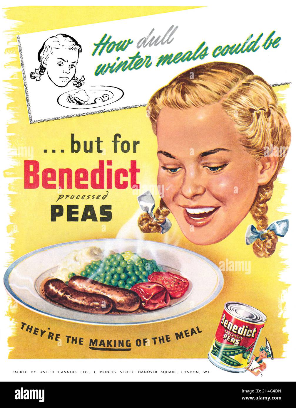 1950 British advertisement for Benedict canned processed peas Stock
