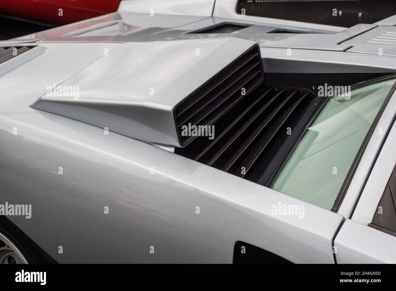 Close up detail of engine air vents on a silver Lamborghini Countach LP400 sports super car Stock Photo