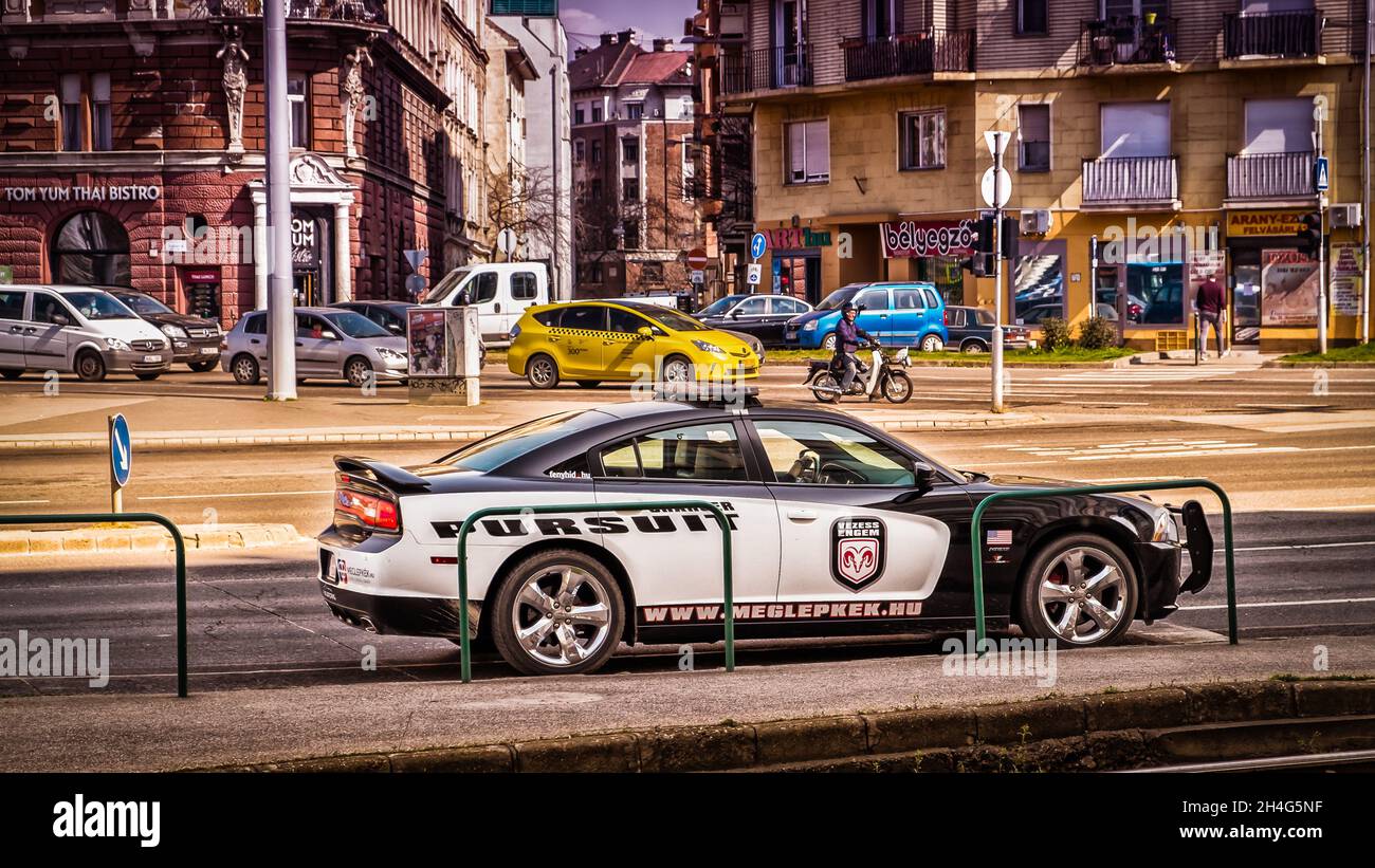 Budapest, Hungary, March 2020, view of a Hungarian police car parked in Soroksári street Stock Photo