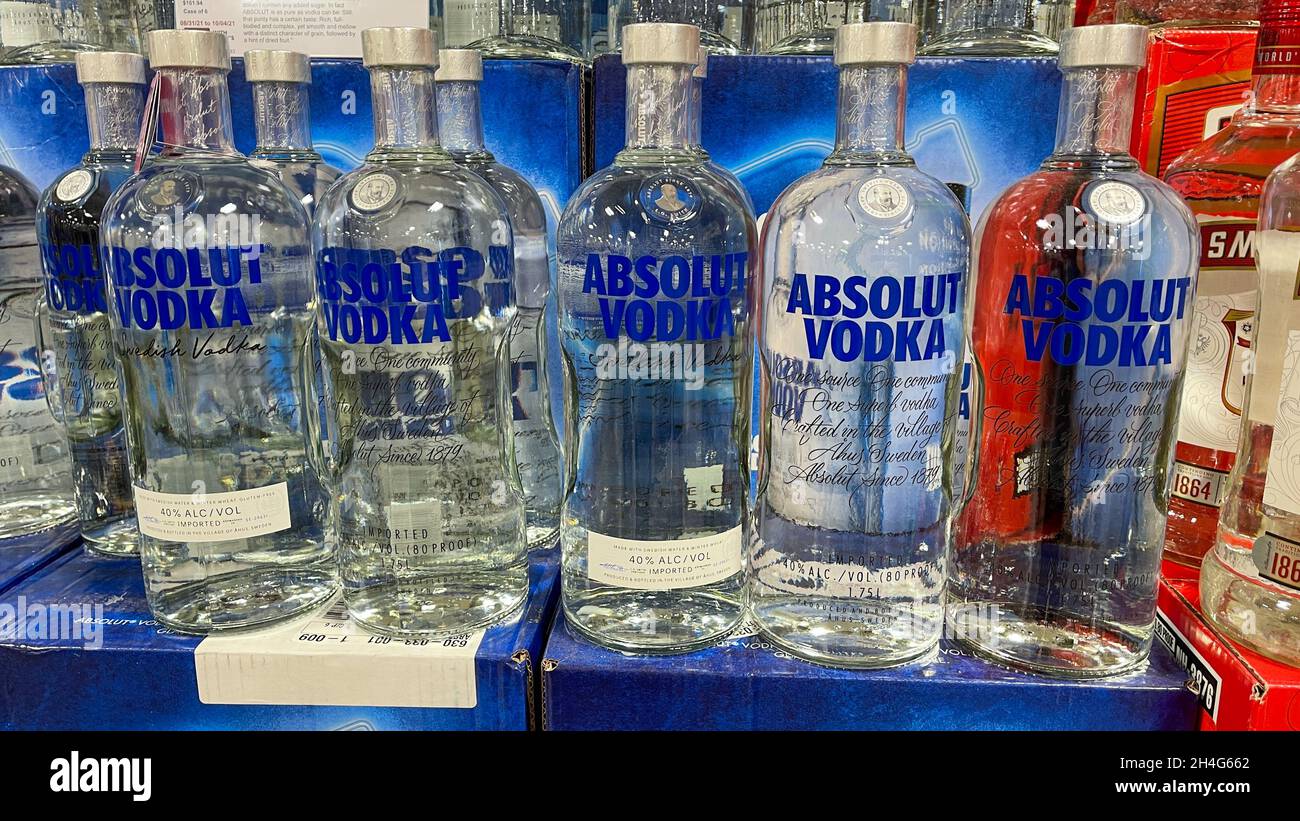 Springfield, IL USA  - September 23, 2021: A display of bottles of Absolut Vodka at a Binneys liqour store in Springfield, Illinois. Stock Photo