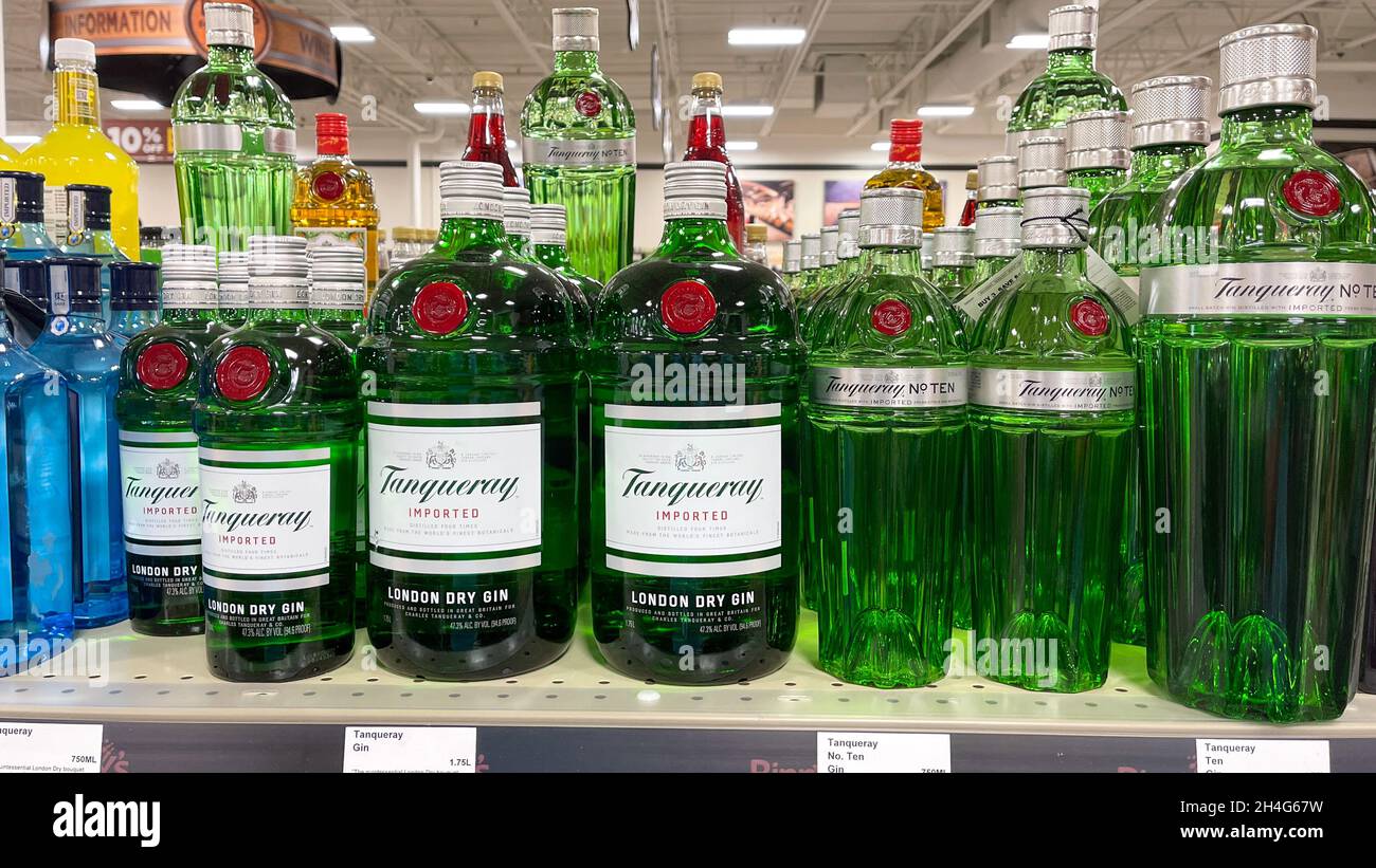 Springfield, IL USA  - September 23, 2021:  A display of bottles of Tanqueray Gin  at a Binneys liqour store in Springfield, Illinois. Stock Photo