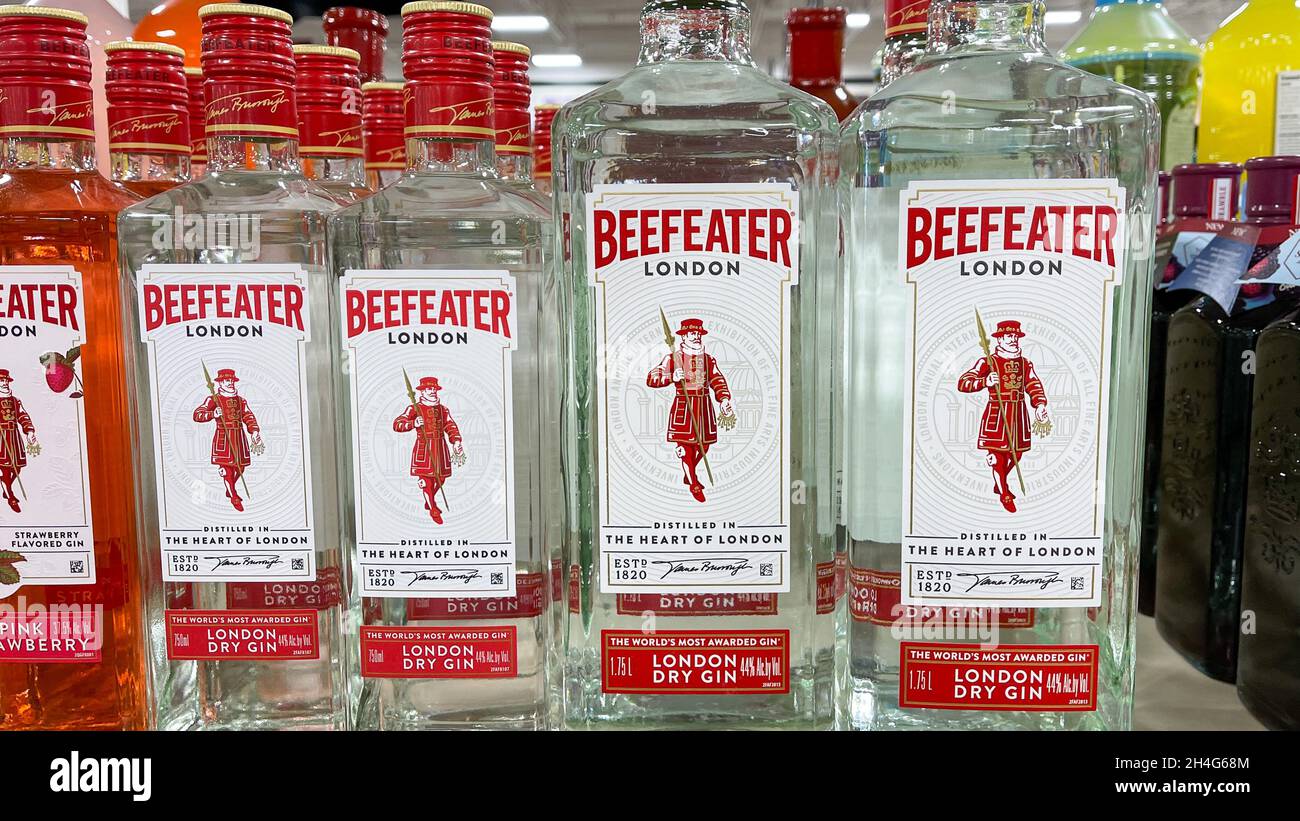 Springfield, IL USA  - September 23, 2021:  A display of bottles of Beefeater Gin  at a Binneys liqour store in Springfield, Illinois. Stock Photo