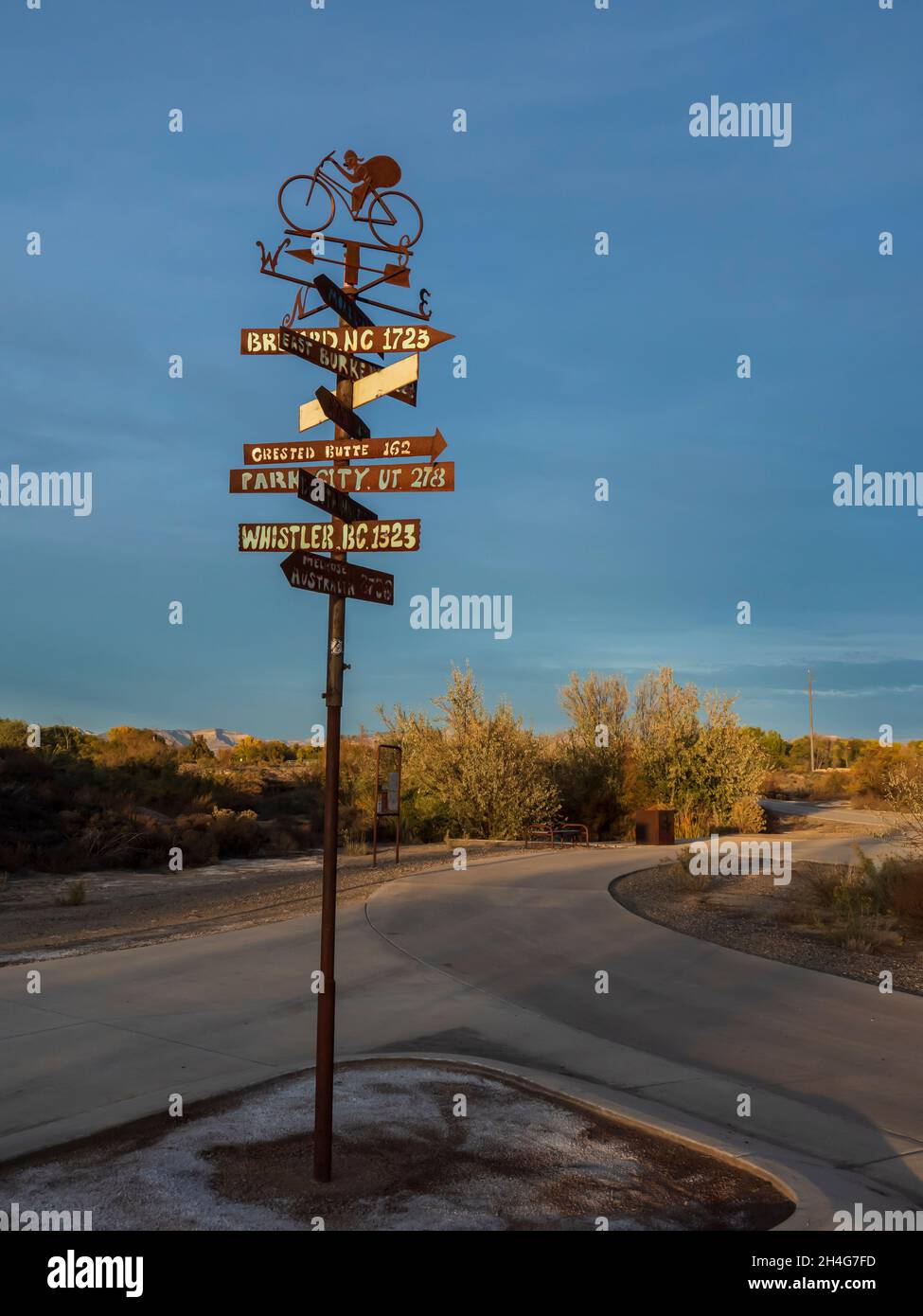 Directional sign, Kokopelli Trail, James M. Robb Colorado River State Park, Fruita, Colorado. Stock Photo