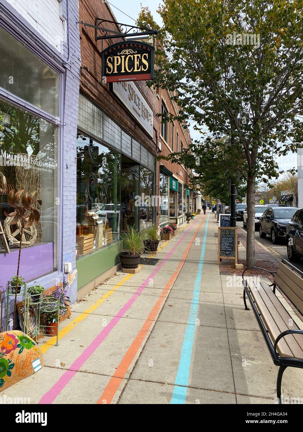 Looking down Central Street in Evanston, Illinois at the small business