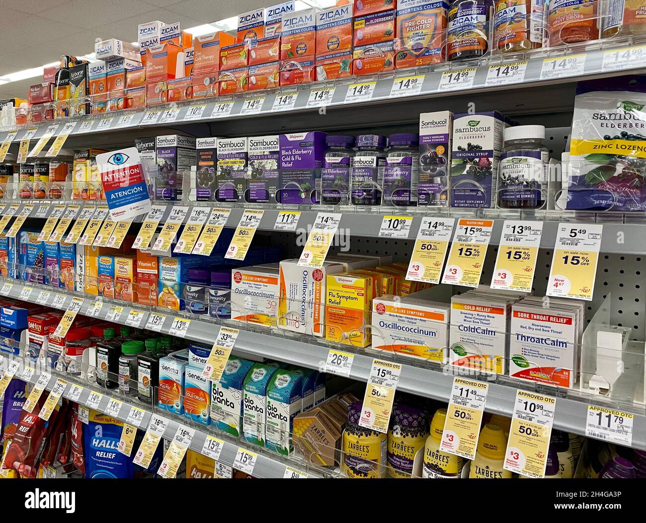 Cold, sinus and allergy medicine on the shelf at Walgreens drug store. Stock Photo