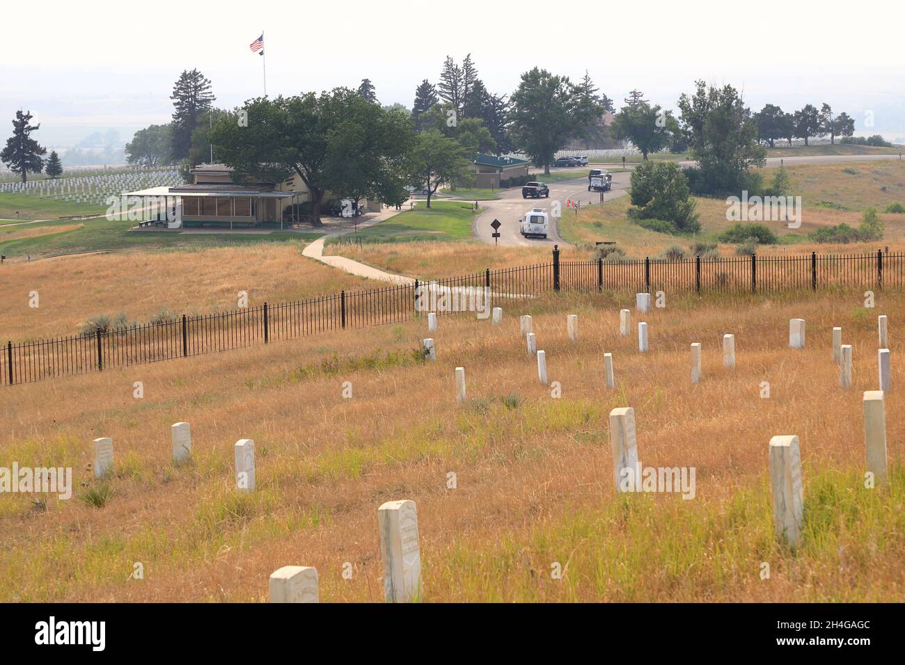 The battlefield of Little Bighorn with marker stones of US soldiers from 7th Cavalry Regiment was killed.Little Bighorn Battlefield National Monument.Crow Agency.Montana.USA Stock Photo