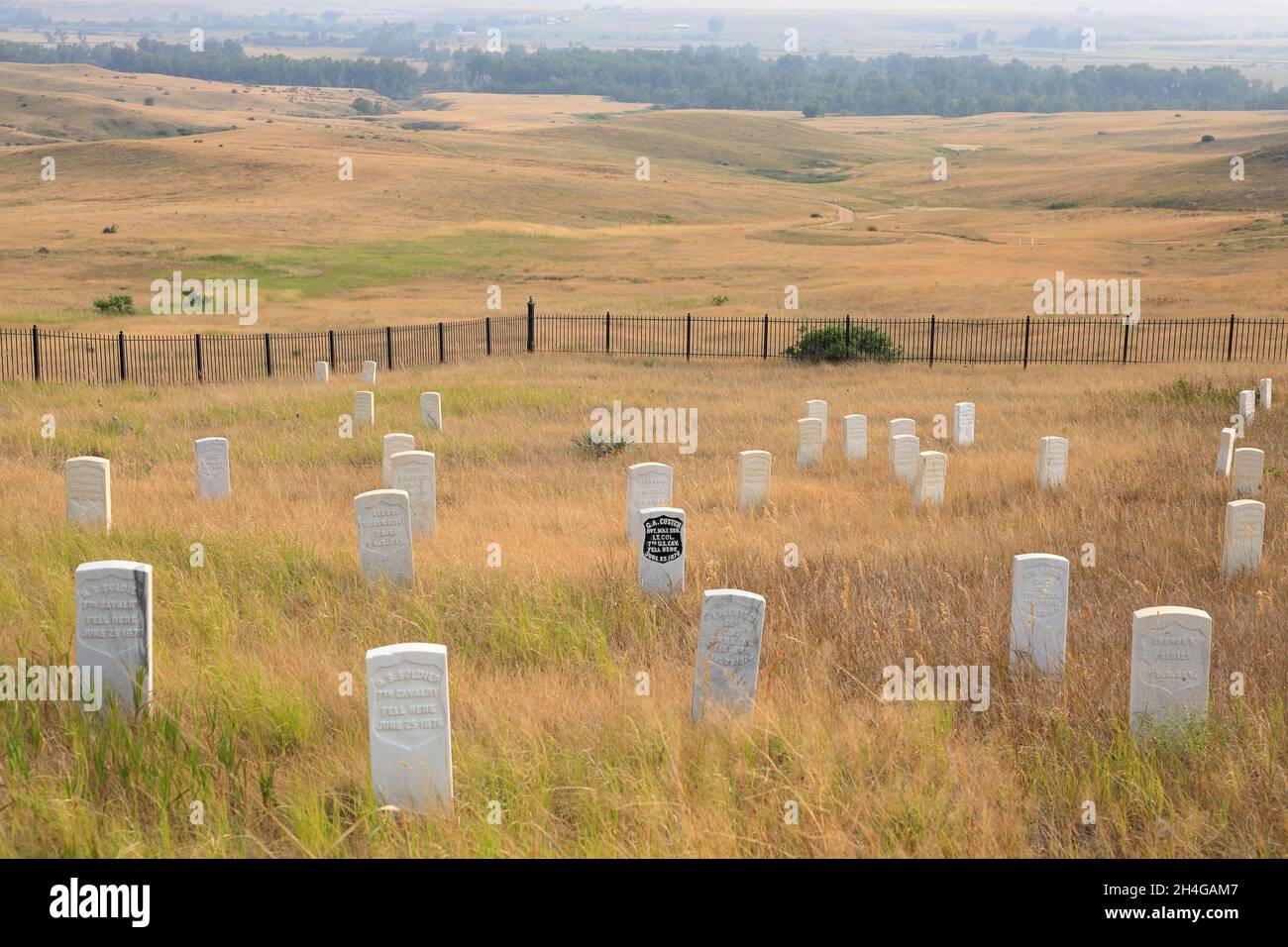 The black marker stone marked the position where Lieutenant Colonel Custer was killed at the Little Bighorn Battlefield.Little Bighorn Battlefield National Monument.Crow Agency.Montana.USA Stock Photo