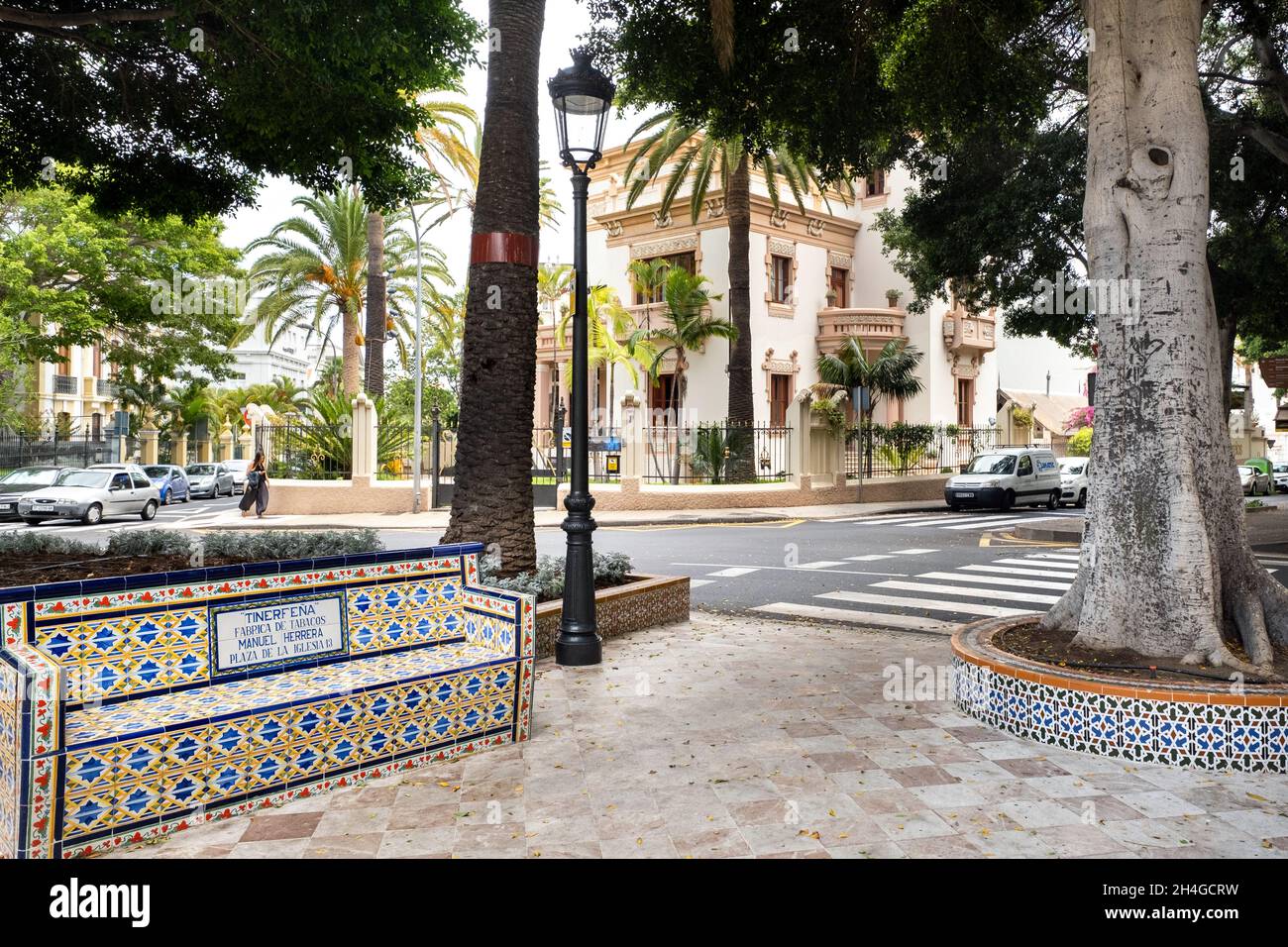 July 30, 2019: Tenerife, Canary Islands, Spain. Colorful tile bench in Los Patos Square in Santa Cruz de Tenerife. Stock Photo