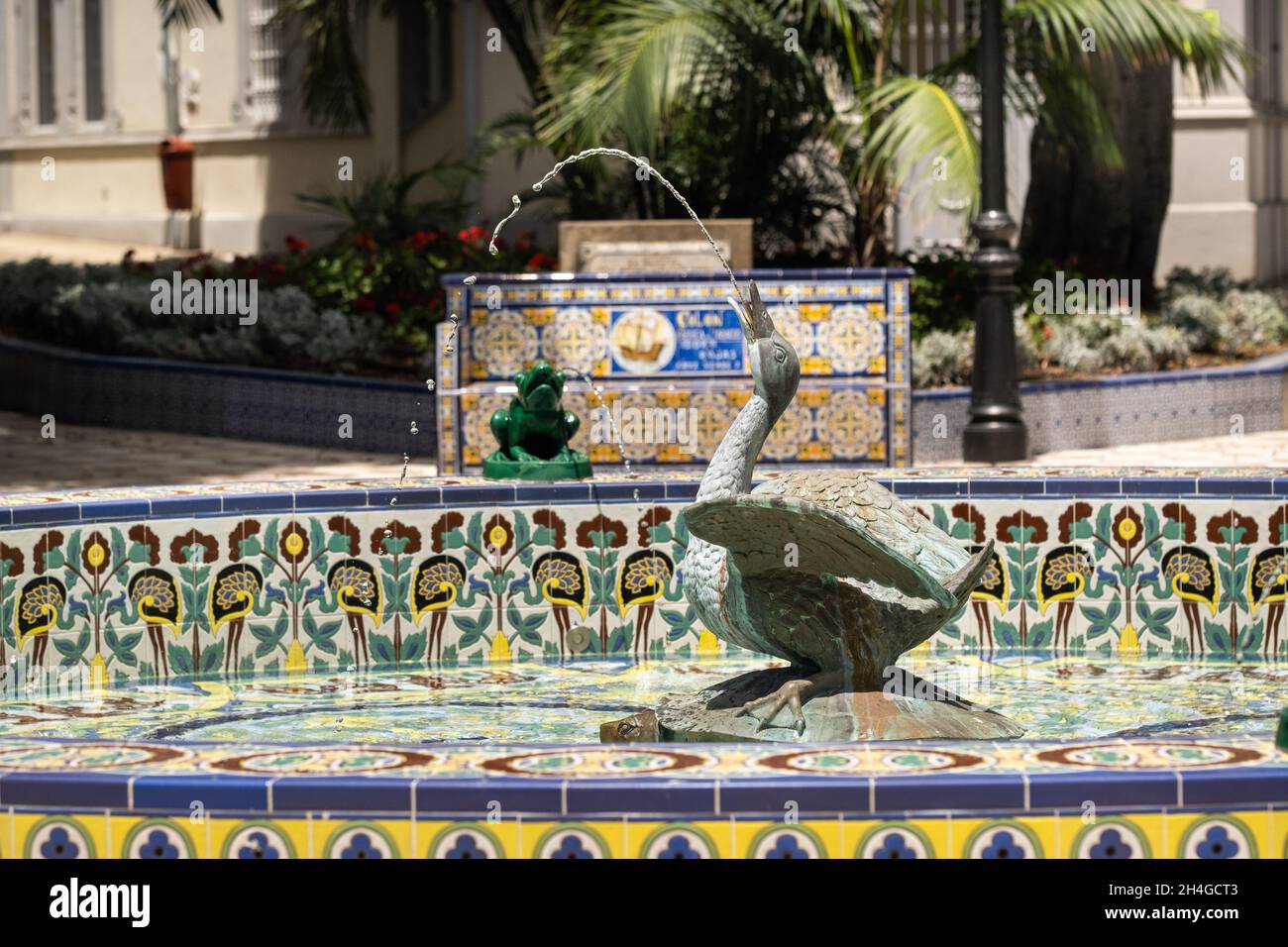 July 30, 2019: Tenerife, Canary Islands, Spain. tile bench and fountain in Los Patos Square in Santa Cruz de Tenerife Stock Photo