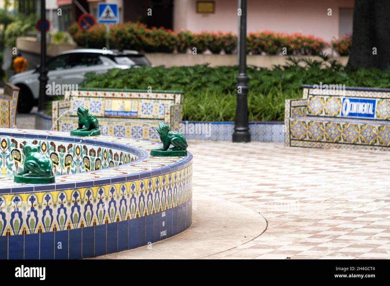 July 30, 2019: Tenerife, Canary Islands, Spain. tile bench and fountain in Los Patos Square in Santa Cruz de Tenerife Stock Photo