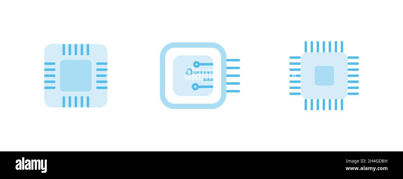 Set of decorative microchip, computer chip, microcircuit element. Vector flat icons. Stock Vector