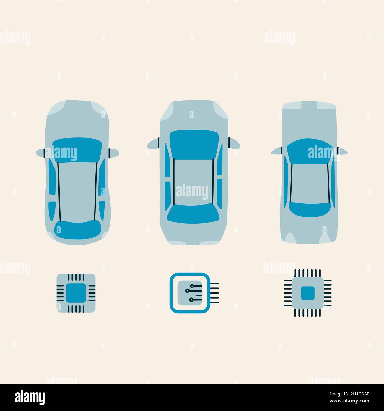 Set of cars with microchips. Car circuit board sign. Semiconductor and