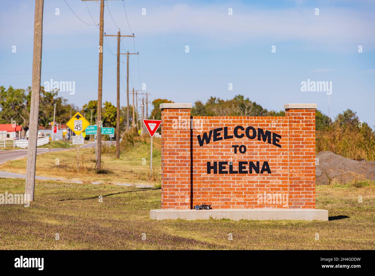 sign of Helena town at Oklahoma Stock Photo Alamy
