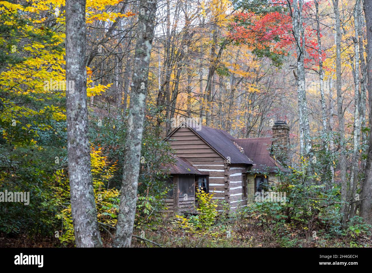 Marlinton, West Virginia - A cabin built in the 1930s by the Civilian Conservation Corps (CCC) in Watoga State Park. The CCC was a New Deal program in Stock Photo