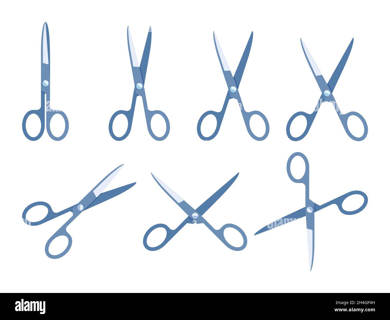 Blue scissor flat cartoon style icon set. Open scissors or different