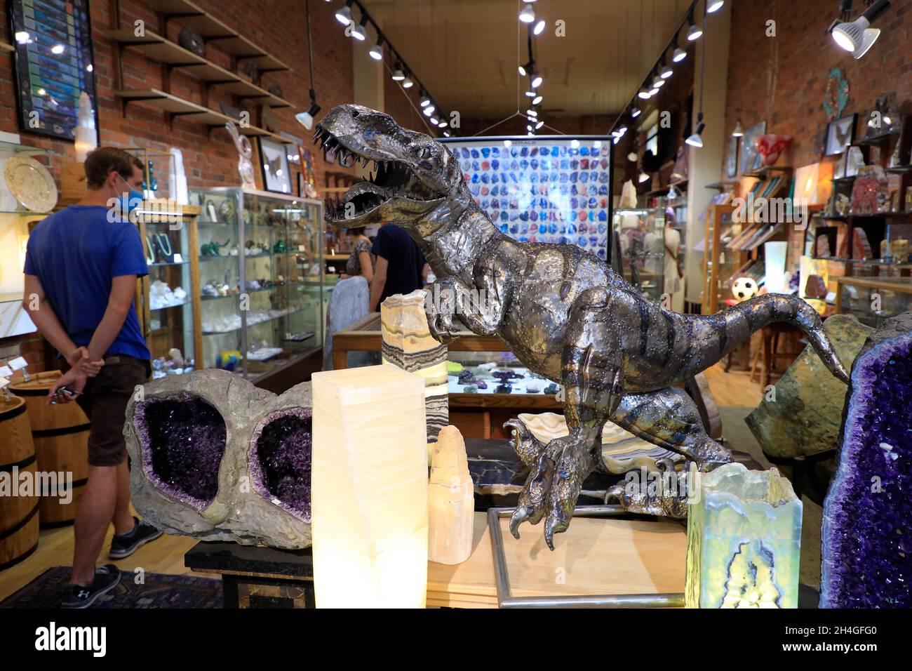 Crystals, gems and fossils products display in Agate Designs a minerals store in Pioneer Square
