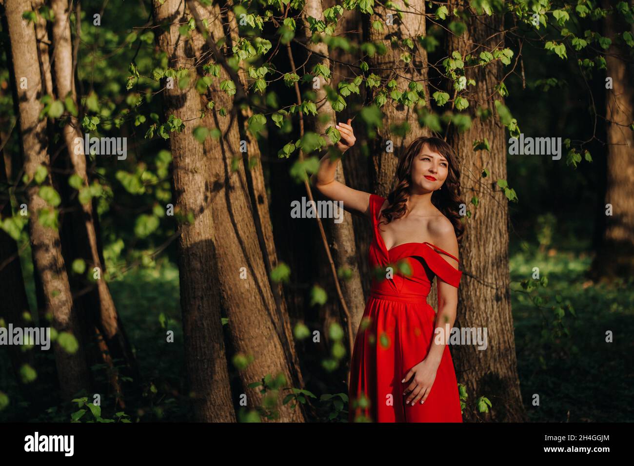 Spring Portrait of a laughing girl in a long red dress with long hair ...