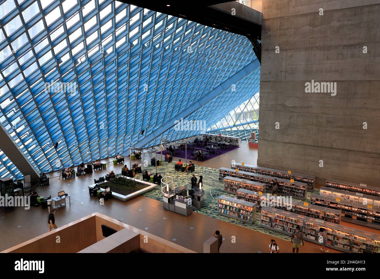 Interior view of Seattle Central Library with sloped glass roof