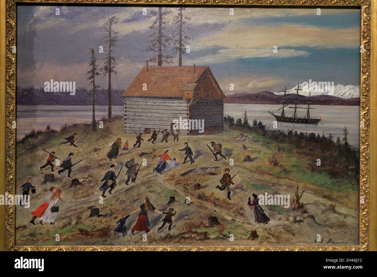The painting of the Battle of Seattle by Emily Inez Denny display in Museum of History and Industry.Seattle.Washington.USA Stock Photo