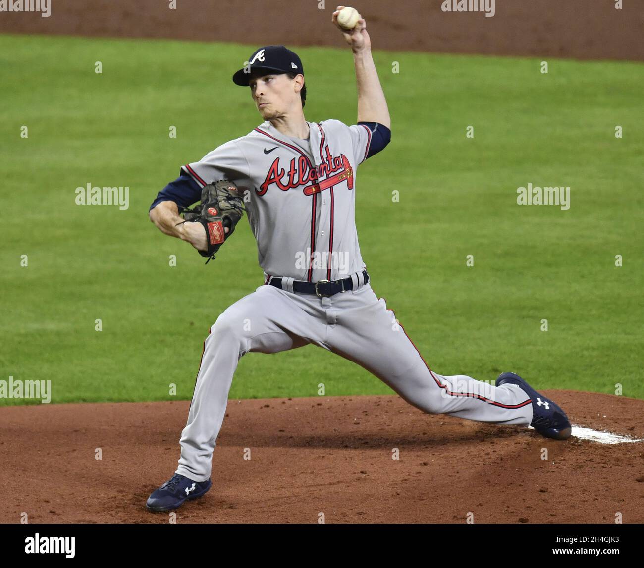 Houston, United States. 02nd Nov, 2021. Atlanta Braves starter Max Fried throws against the Houston Astros during the first inning in game six in the MLB World Series at Minute Maid Park on Tuesday, November 2, 2021 in Houston, Texas. Houston returns home facing elimination trailing Atlanta 3-2 in the series. Photo by Maria Lysaker/UPI Credit: UPI/Alamy Live News Stock Photo