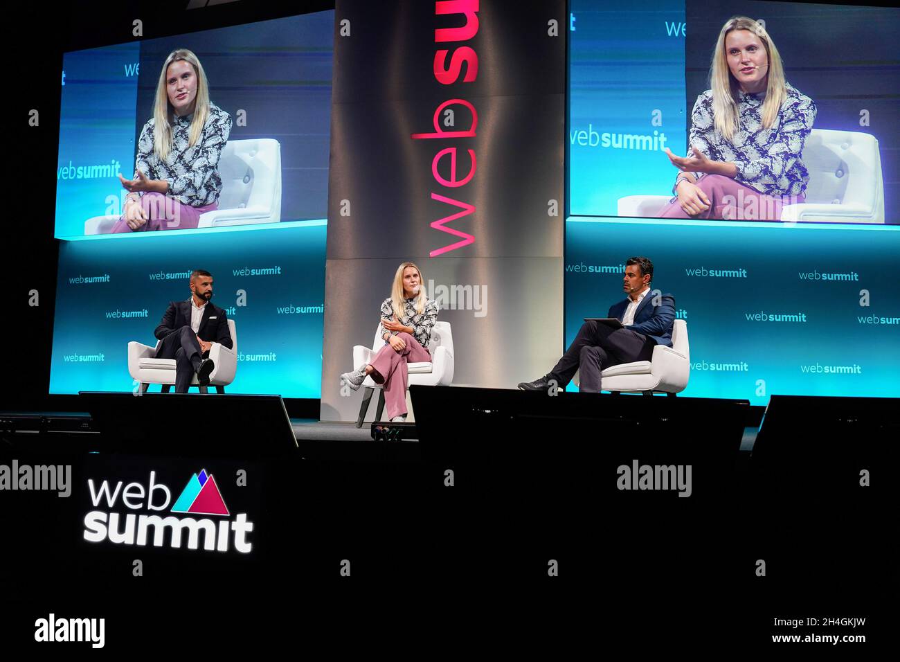 Lisbon, Portugal. 02nd Nov, 2021. Simao Sabrosa, Director of International Relations at SL Benfica (L), Cloe Lacasse, Footballer at Benfica Women's Team (C) and Pedro Pinto, Founder & CEO at Empower Sports (R), address the audience during the second day of the Web Summit 2021 in Lisbon. Credit: SOPA Images Limited/Alamy Live News Stock Photo