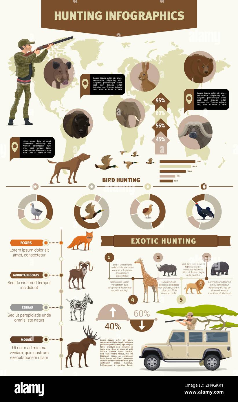 Hunting infographics with forest and safari hunting animals. Stats, vector graphs and charts. Hunter on SUV aiming rifle, bear, buffalo and hare, elep Stock Vector
