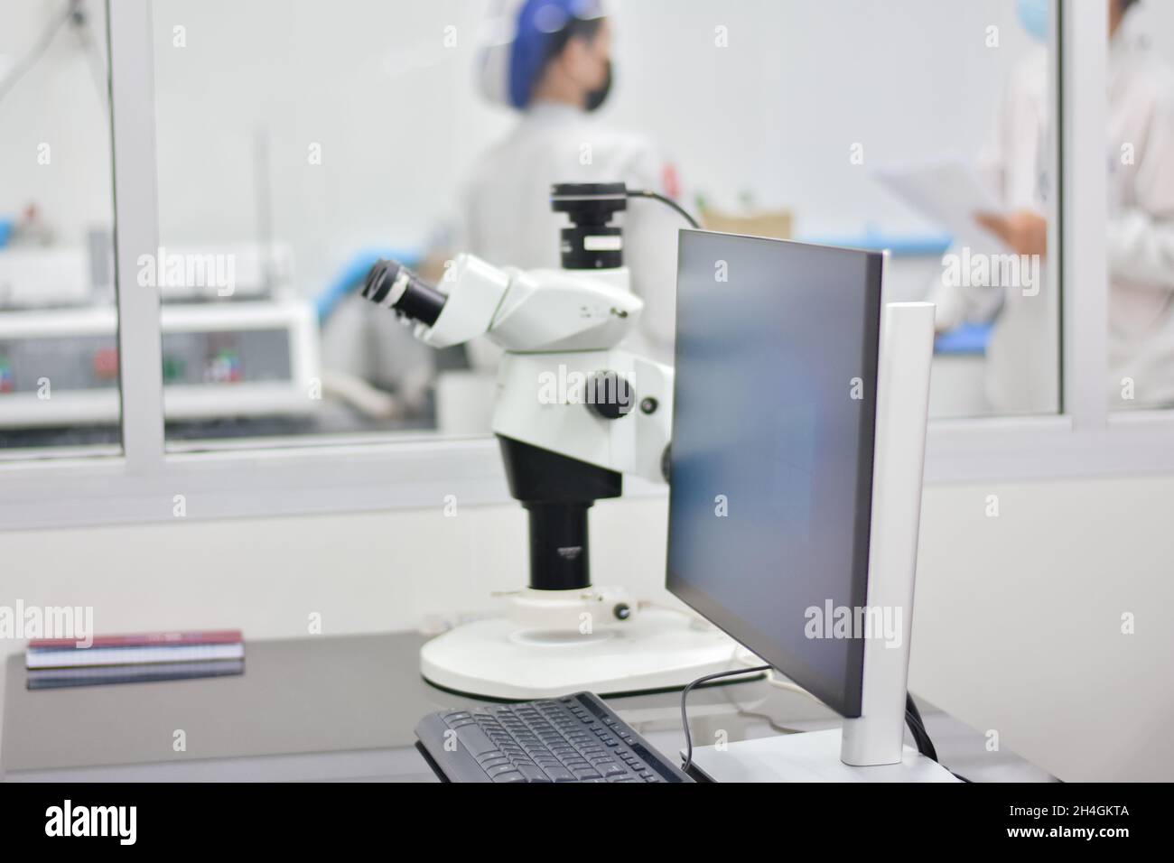 office, monitor, workplace, screen, academy, analysis, analyzing, biology, biotechnology, chemistry, chip component, circuit, clean room, closeup, com Stock Photo