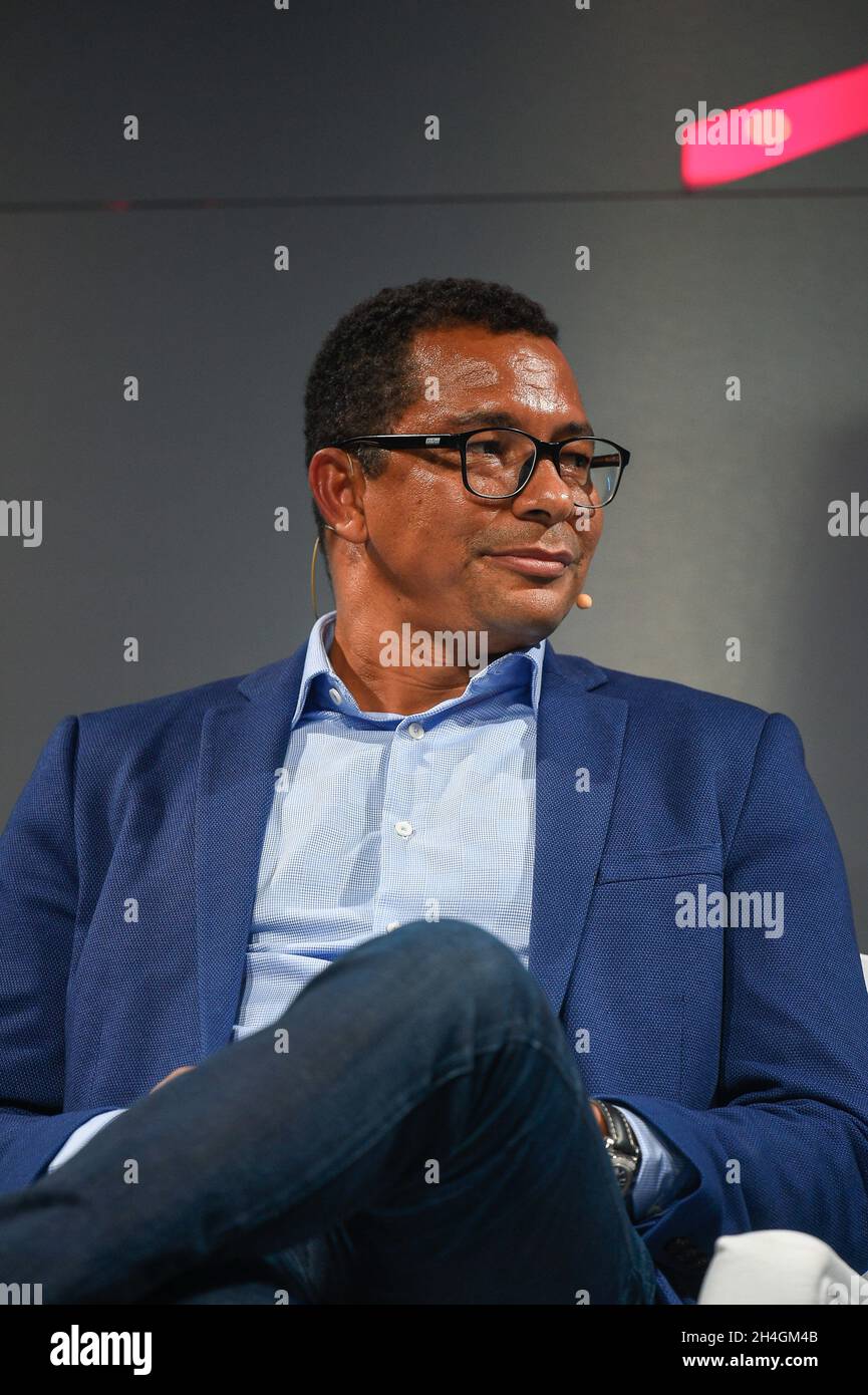 Lisbon, Portugal. 02nd Nov, 2021. Gilberto Silva, World Cup Winner at Brazil, addresses the audience during the second day of the Web Summit 2021 in Lisbon. (Photo by Bruno de Carvalho/SOPA Images/Sipa USA) Credit: Sipa USA/Alamy Live News Stock Photo