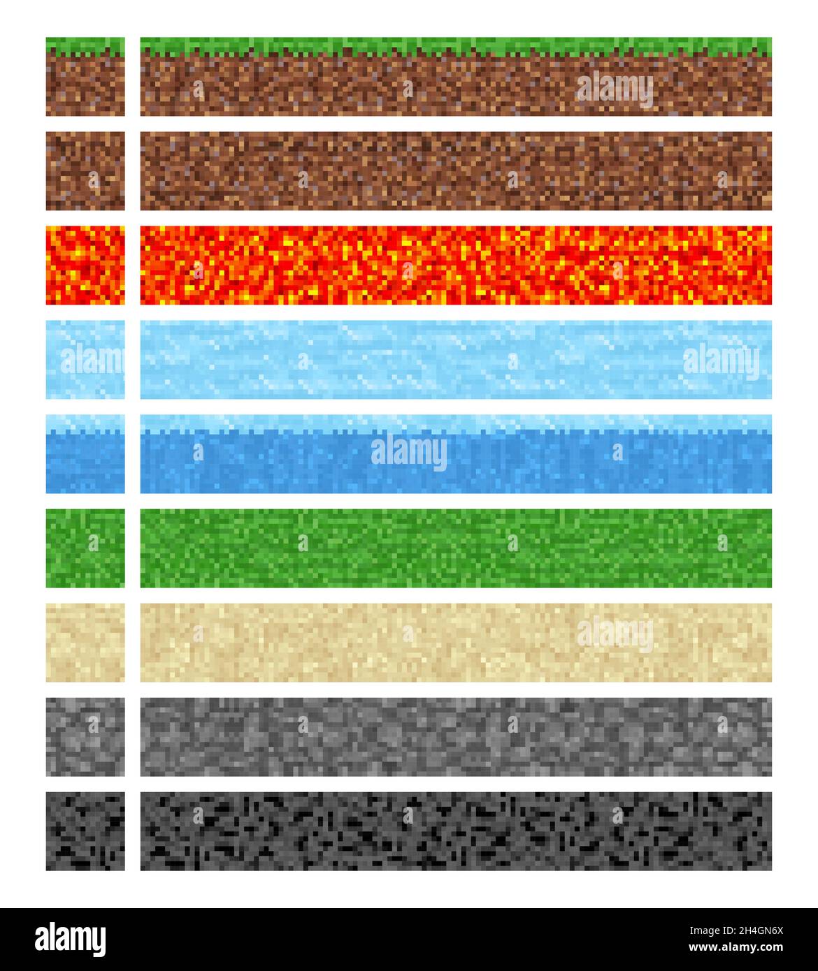 Game cubic pixel textures. Water, ice and ground, stone, grass and sand