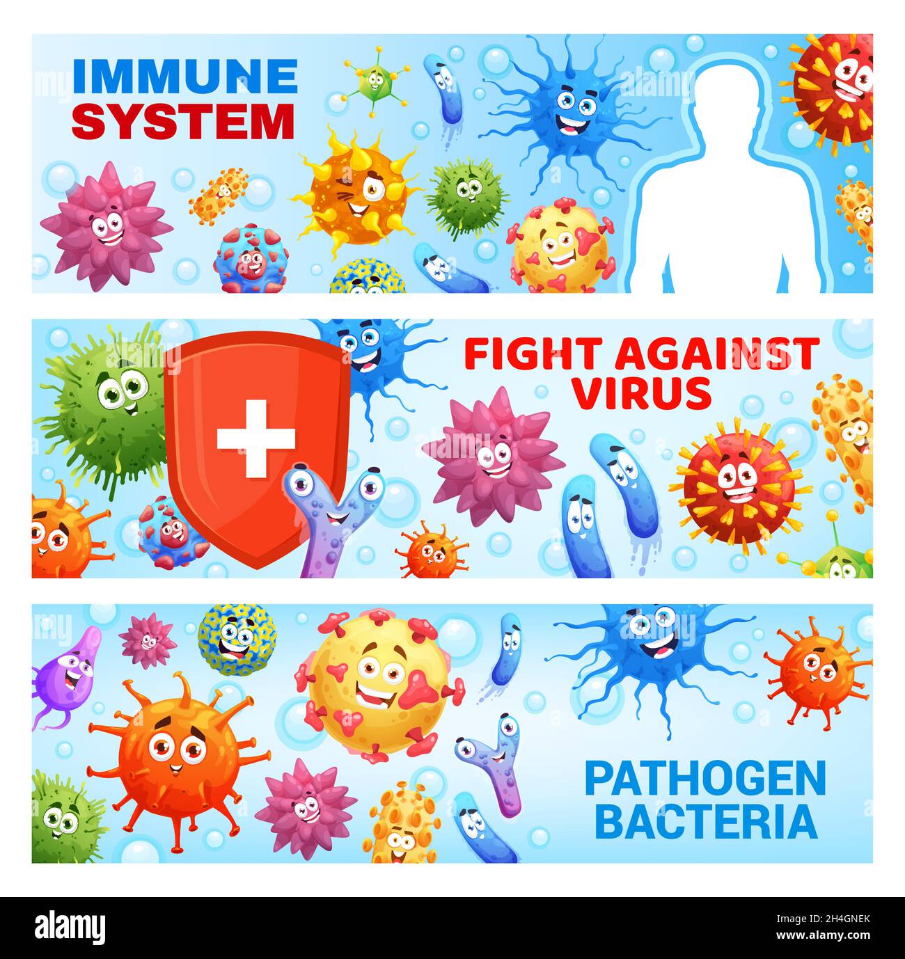 Virus protection, immune system medical banners with cartoon viruses,  microbes and pathogens. Human healthy immunity vector banners with smiling  germ Stock Vector Image & Art - Alamy