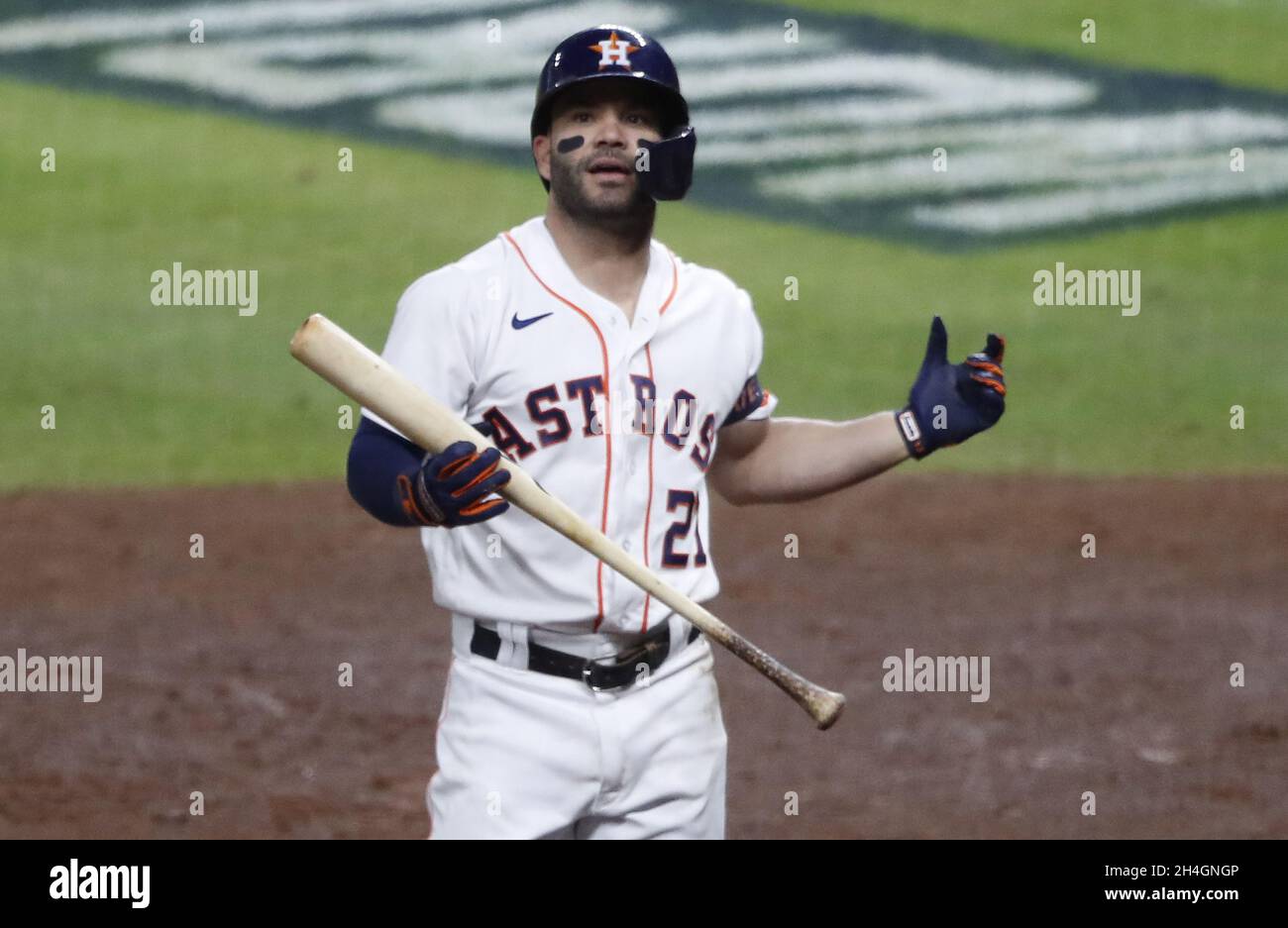 Houston, United States. 02nd Nov, 2021. Houston Astros second baseman Jose Altuve reacts after a swinging strikeout to end the eighth inning against the Atlanta Braves in game six in the MLB World Series at Minute Maid Park on Tuesday, November 2, 2021 in Houston, Texas. Houston returns home facing elimination trailing Atlanta 3-2 in the series. Photo by Johnny Angelillo/UPI Credit: UPI/Alamy Live News Stock Photo