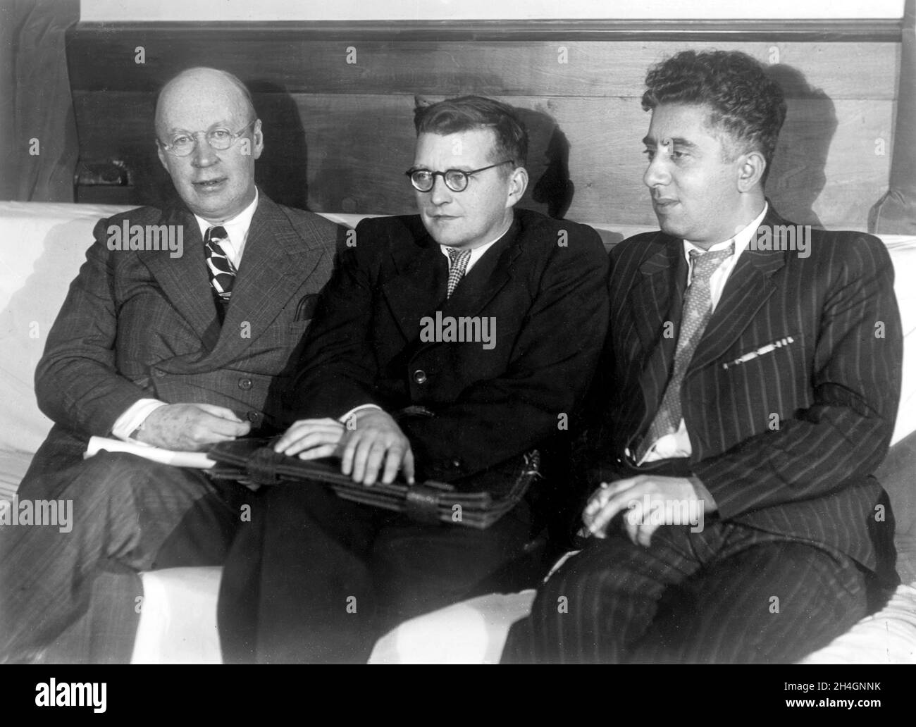 The composers Sergei Prokofiev, Dmitri Shostakovich and Aram Khachaturian in 1945. Stock Photo