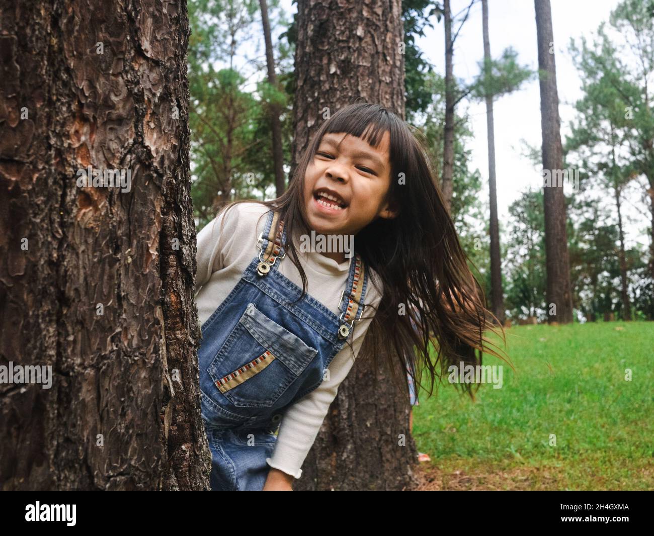Cute little girl standing behind a big tree and smiling at the camera ...
