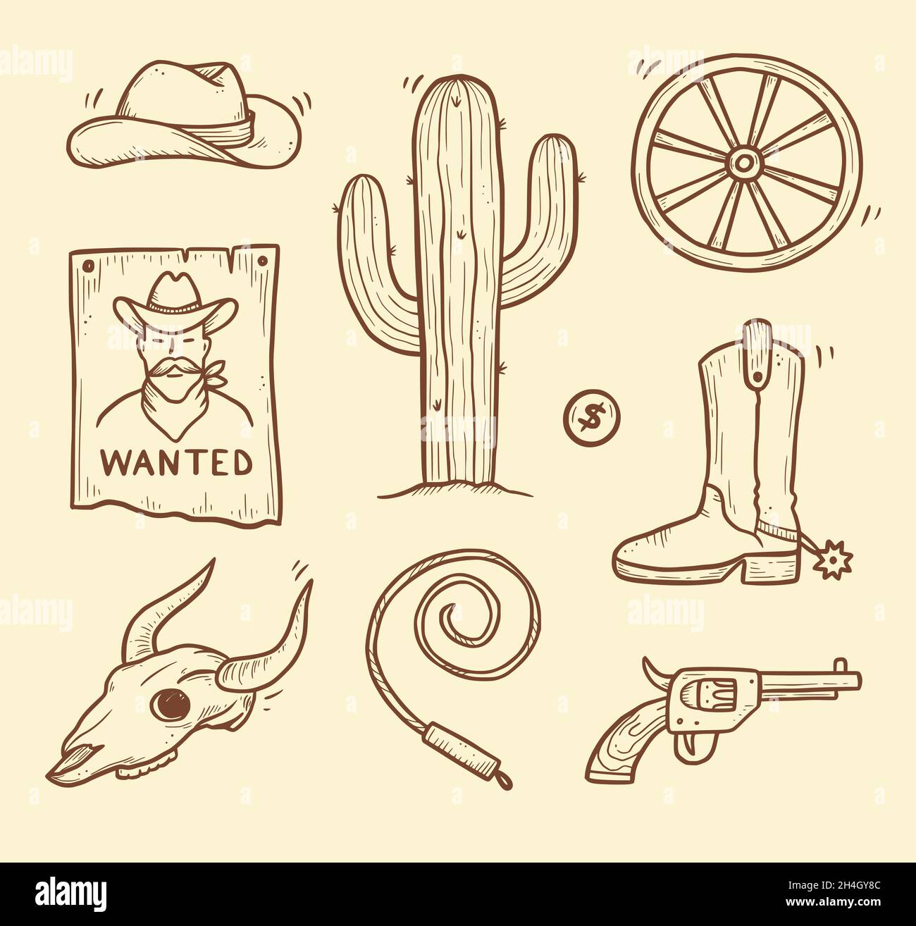 Cowboy western doodle set. Hand drawn sketch line style. Cowboy hat, cow skull, gun, cactus element. Wild west vector illustration. Stock Vector